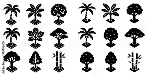 Nature icons with palm tree bamboo and broadleaf minimal silhouette