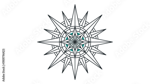 Decorative compass rose symbol with a vibrant blue-green center, representing navigation and discovery, on isolated white background.