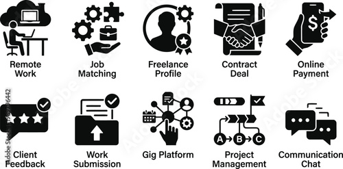 Freelance work icons set, remote job matching, online payment, gig platform