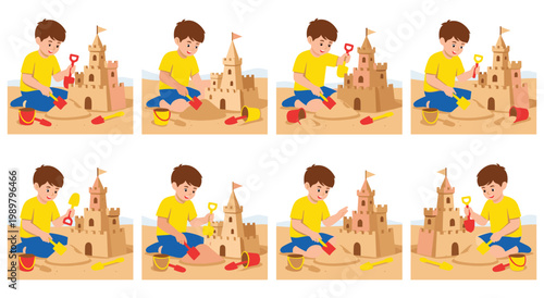 Cute boy playing with sand on a summer beach, constructing a detailed sandcastle with a bucket and shovel. Happy kid enjoying vacation by the sea. Outdoor activity for children in summertime.