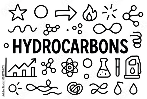 Hydrocarbons icons with flame molecule flask outline style