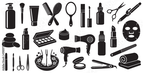 Beauty Salon and Cosmetic Tools Collection in Black Silhouette