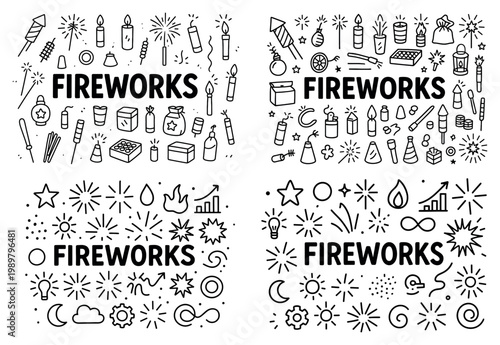 Fireworks doodle set with festive icons and symbols