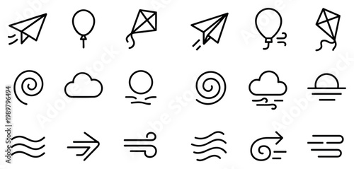 Weather icons with kite balloon paper plane line style