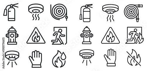 Safety icons with extinguisher hydrant detector outline