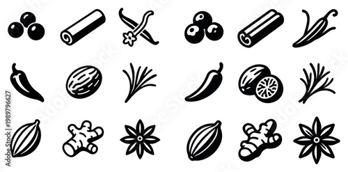 Spice icons with cinnamon stick chili pepper star anise outline