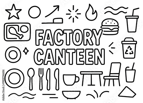 Factory canteen icons with plate and utensils bold outline