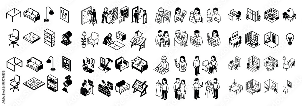 Fototapeta premium Isometric office and home interiors with people
