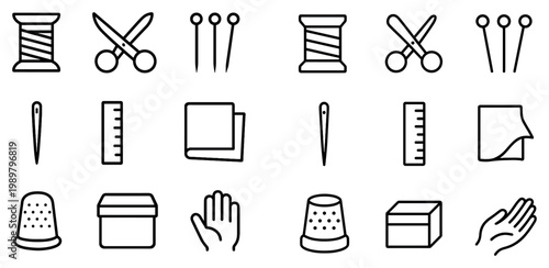 Craft icons with spool scissors needle thimble clean outline style