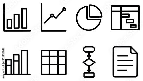 Analytics icons with bar chart pie chart flowchart outline