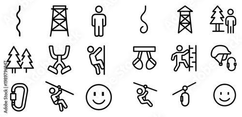 Adventure icons with zipline tower carabiner minimal line symbols