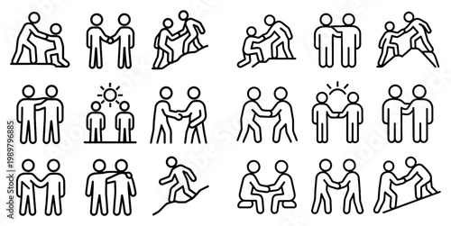Teamwork icons with helping handshake people minimal outline style