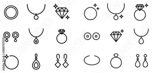 Jewelry icons with ring necklace diamond outline