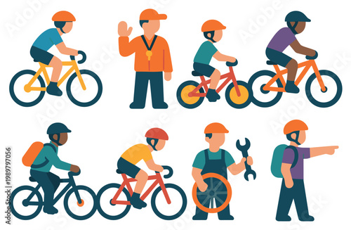 Cycling icons with riders coach mechanic flat style