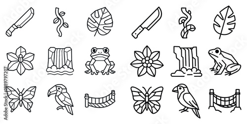 Tropical icons with frog toucan and waterfall thin outline