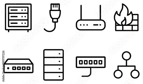 Network icons with router and server minimal outline style