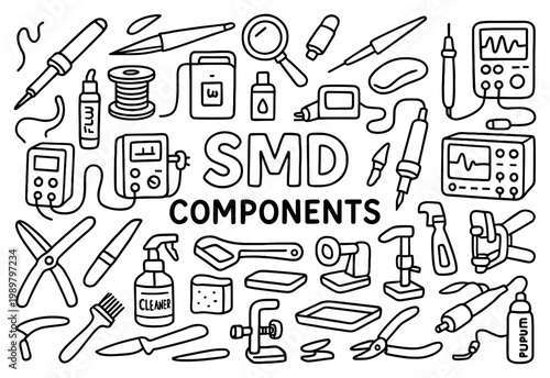 Electronics icons with soldering iron multimeter tweezers hand drawn