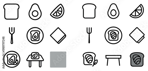 Breakfast icons with toast avocado lemon minimal outline
