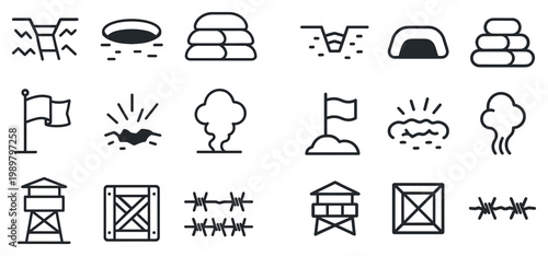 Military icons with flag watchtower and crate outline
