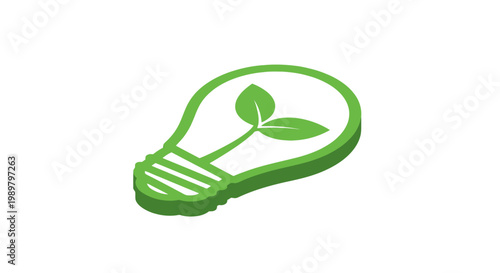3D isometric green lightbulb outline icon with green leaves sprouting inside representing sustainable energy, environmental conservation, and eco-friendly technology solutions.