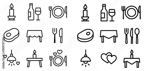 Dining icons with candle bottle plate minimal outline