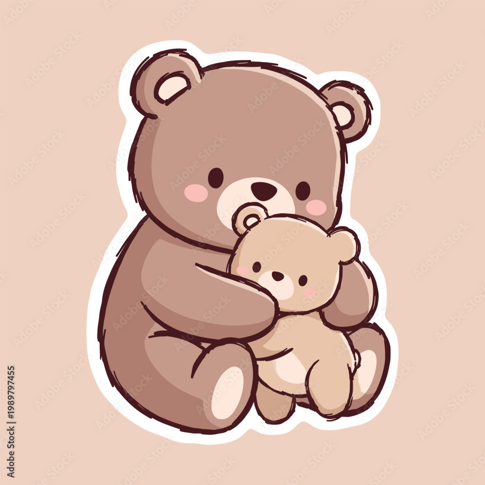 Fototapeta premium Cute Teddy Bear with Child, kawaii sticker style cartoon vector illustration