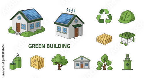Green building icon set featuring isometric houses with rooftop solar panels, recycling symbols, green hard hat, insulation materials, trees, and sustainable architecture elements.
