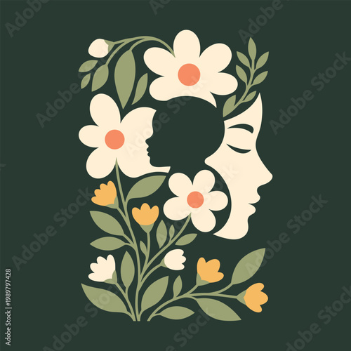 Floral woman face with hidden child silhouette, abstract motherhood double exposure style vector illustration