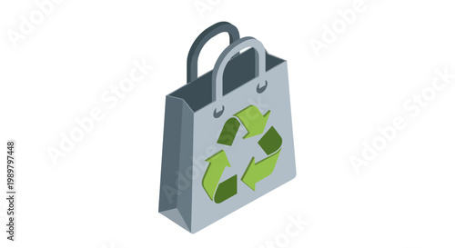 Isometric 3D vector icon of a gray reusable paper shopping bag with a green universal recycling symbol on the front, isolated on a white background for eco-friendly retail design.