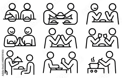 Food icons with people plate and table outline