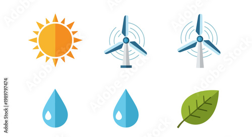 Set of renewable energy icons including sun, wind turbines, water drops, and a green leaf representing solar, wind, hydro, and biomass power resources on a white background.