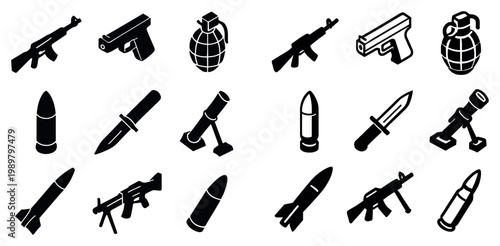 Military icons with rifle pistol grenade bold silhouette