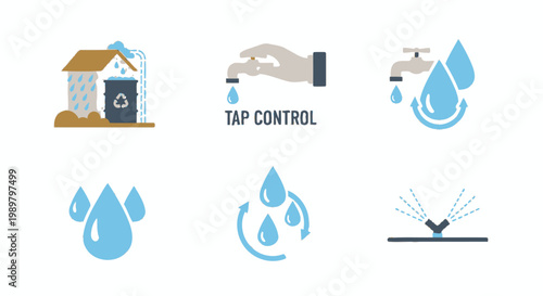 Set of six vector icons for water conservation featuring rainwater collection from house roof, hand turning off a faucet tap, recycling arrows with droplets, and garden sprinkler system.