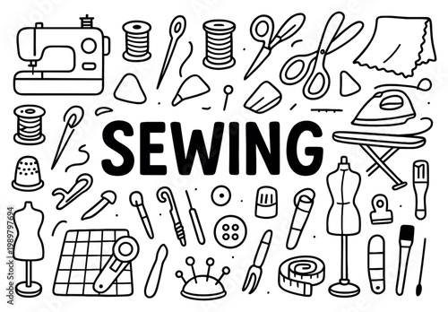 Sewing icons with machine needle scissors creative outline