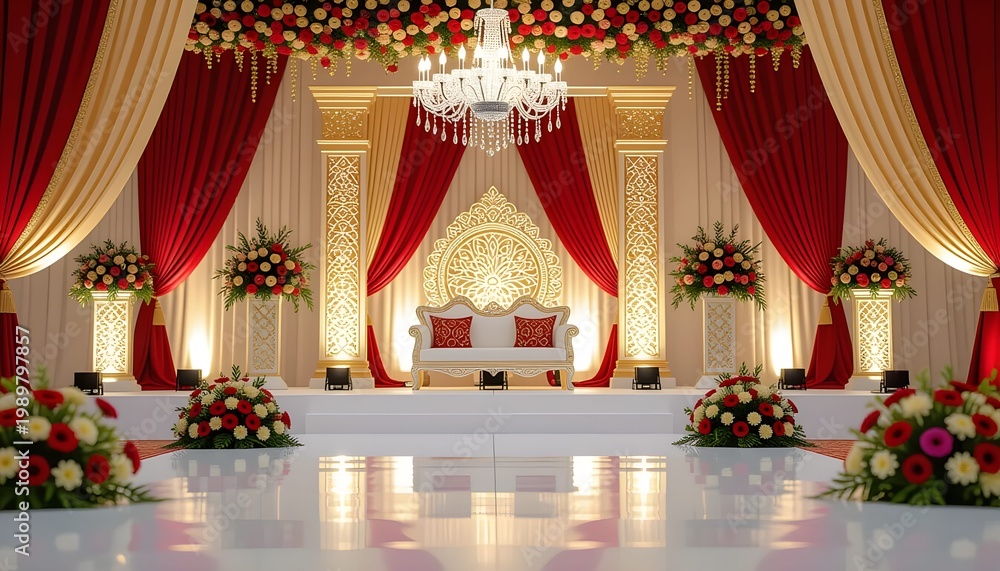 Fototapeta premium Melayu wedding stage decoration with symmetrical layout and rich textures