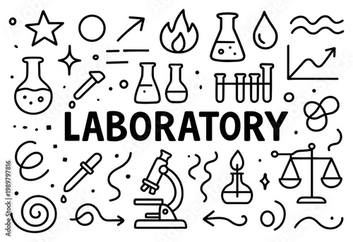 Laboratory icons with microscope flask test tube outline style