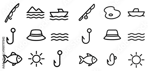 Fishing icons with rod boat hat outline minimal