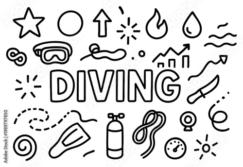 Diving icons with mask fin tank clean outline