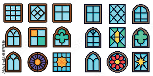 Stained glass icons with arched window rose window colorful flat