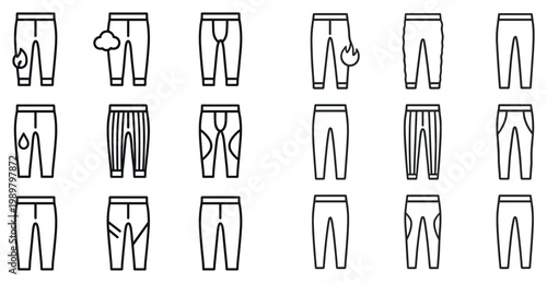 Clothing icons with pants pocket flame minimal outline