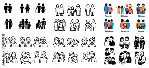 Family icons collection: diverse relationships illustrated