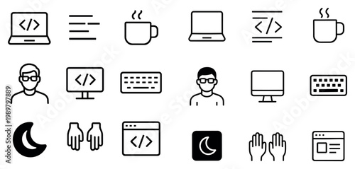Software developer icons with laptop monitor coffee minimal outline