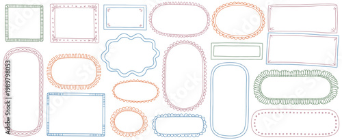 Doodle coastal frame set, hand drawn colorful border collection minimal square arch rectangle shapes kit retro banner poster placard decor