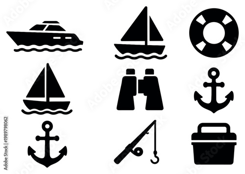 Nautical icons with sailboat anchor lifebuoy flat