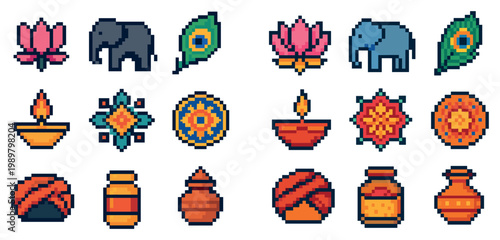 Festival icons with lotus diya and elephant pixel retro