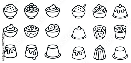 Dessert icons with pudding and bowl outline minimal