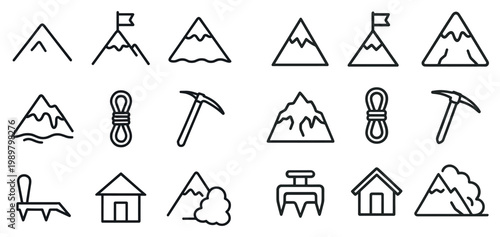 Mountain icons with flag rope and pickaxe outline style