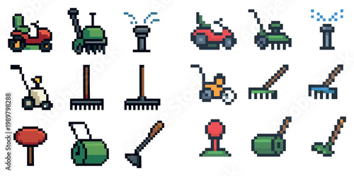 Gardening icons with mower rake shovel pixel retro