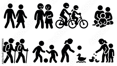 Family icons with walking couple bicycle child minimal silhouette