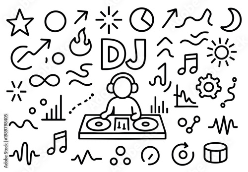 Music icons with dj turntable headphones outline minimal